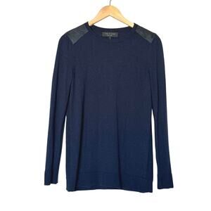 Rag & Bone New York Mens Sweater Navy / Black Wool Lamb Leather Shoulders Size S